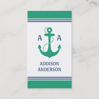 Nautical Stripes with Green Anchor Monogram Visitekaartje