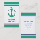 Nautical Stripes with Green Anchor Monogram Visitekaartje (Voorkant / Achterkant)