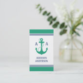 Nautical Stripes with Green Anchor Monogram Visitekaartje (Staand voorkant)