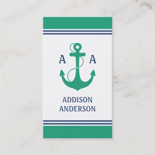 Nautical Stripes with Green Anchor Monogram Visitekaartje (Voorkant)
