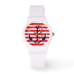 Nautical Stripes with Ships Anchor Red White Blue Horloge