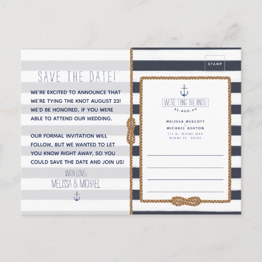 Nautical Stropdas the Knot Navy Blue Save the Date Aankondigingskaart (Achterkant)
