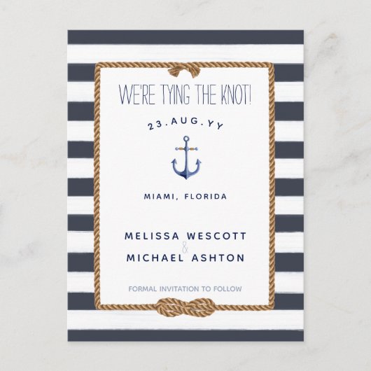 Nautical Stropdas the Knot Navy Blue Save the Date Aankondigingskaart (Voorkant)