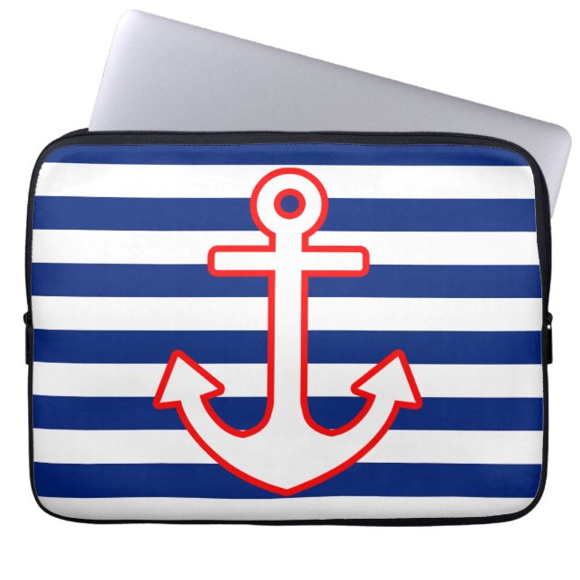 Nautical Style Anchor Icon on Stripes Laptop Sleeve (Voorkant)