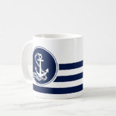 Nautical Style Blue en White Anchor, Sailor Koffiemok (Voorkant links)
