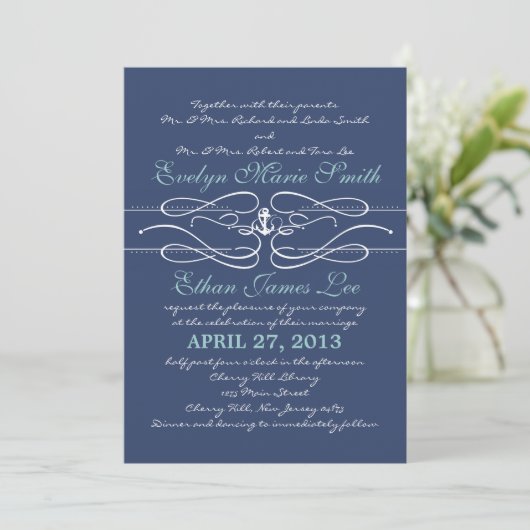 Nautical Swirl Wedding Invitation in Navy Kaart (Staand voorkant)