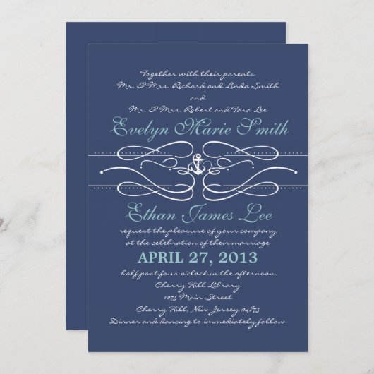 Nautical Swirl Wedding Invitation in Navy Kaart (Voorkant / Achterkant)