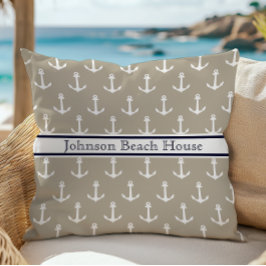 Nautical Taupe Blauwe Witte Anker Patroon Naam Kussen