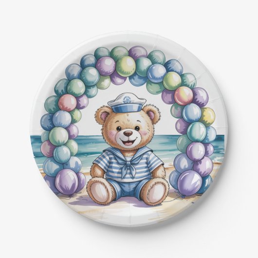 Nautical Teddy Bear Beach Boy Baby shower Papieren Bordje (Voorkant)