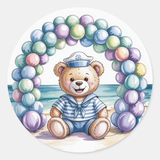 Nautical Teddy Bear Beach Boy Baby shower Ronde Sticker (Voorkant)