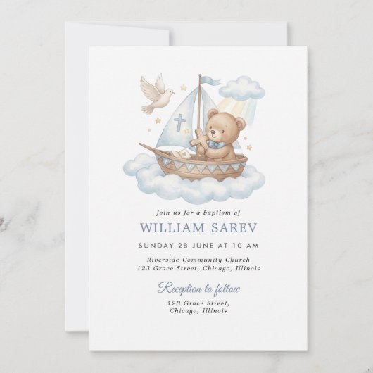 Nautical Teddy Bear Christening Blue Invitation Kaart (Voorkant)