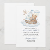 Nautical Teddy Bear Christening Blue Invitation Kaart (Voorkant / Achterkant)