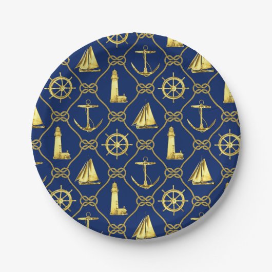 Nautical thema Navyblauw Goud Anker Vuurtoren Papieren Bordje (Voorkant)