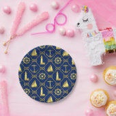 Nautical thema Navyblauw Gouden Anker Vuurtoren Papieren Bordje (Feest)