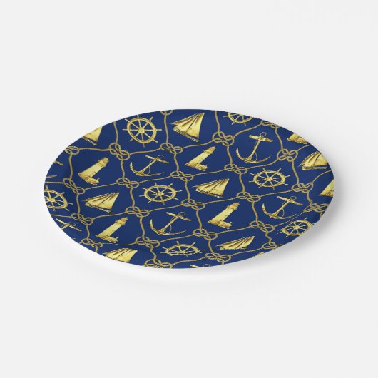 Nautical thema Navyblauw Gouden Anker Vuurtoren Papieren Bordje (Gekanteld)