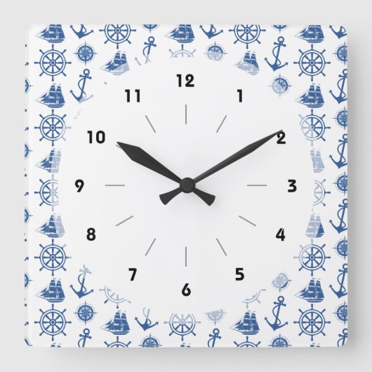 Nautical Theme Anchor Blue and White Vierkante Klok (Voorkant)