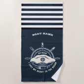 Nautical Theme Boat Name Navy Blue Stripe Strandlaken (Voorkant)