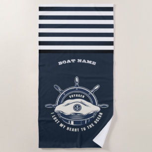 Nautical Theme Boat Name Navy Blue Stripe Strandlaken