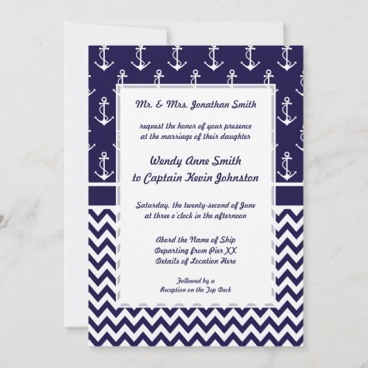 Nautical Theme Boat Wedding Anchor Chevron Kaart (Achterkant)