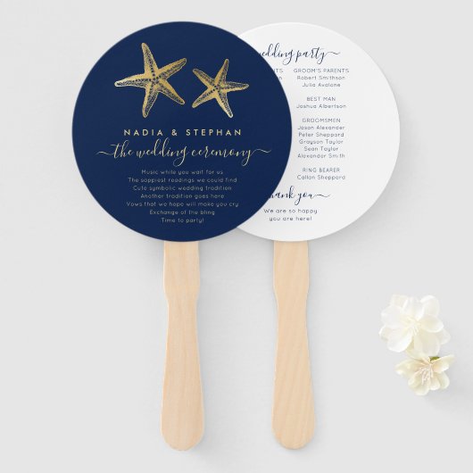 Nautical Theme Wedding Starfish Gold Navy Blue Handwaaier (Voorkant en achterkant)