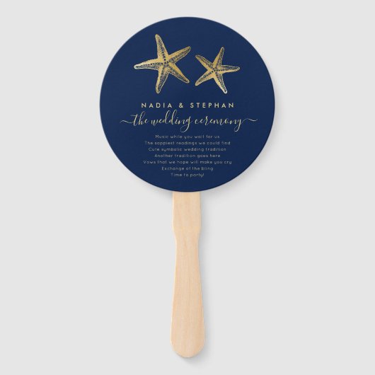 Nautical Theme Wedding Starfish Gold Navy Blue Handwaaier (Voorkant)