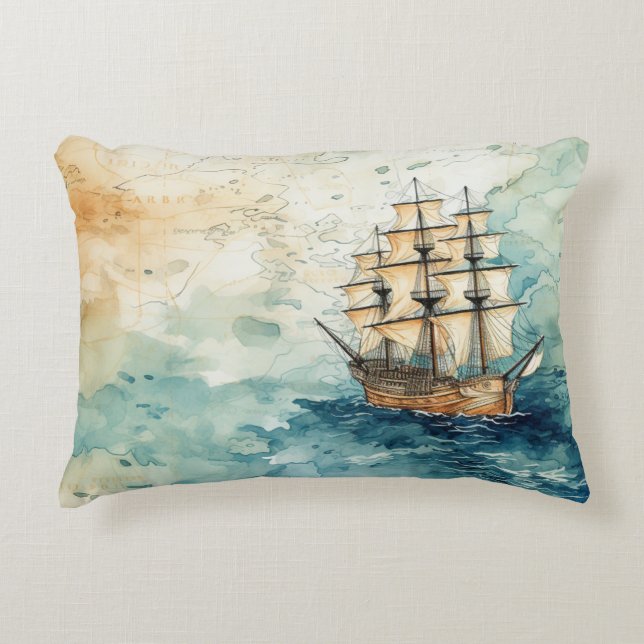 Nautical Themed Vintage Sailboat Old Map Accent Kussen (Voorkant)