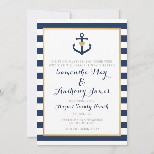 Nautical themed Wedding Invite - Navy Blue Anchor Kaart (Voorkant)