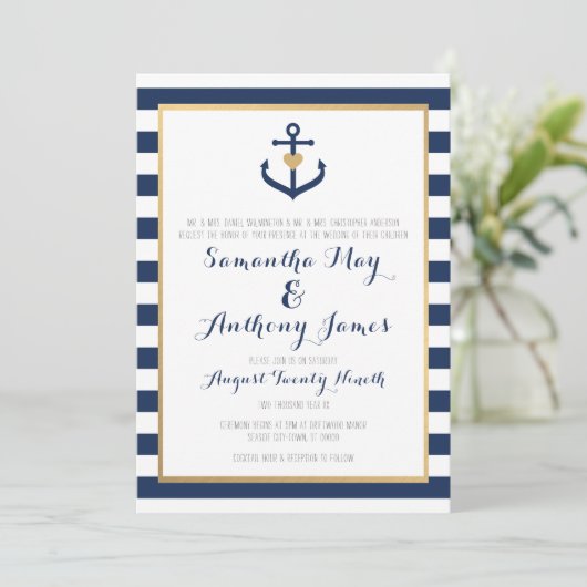 Nautical themed Wedding Invite - Navy Blue Anchor Kaart (Staand voorkant)