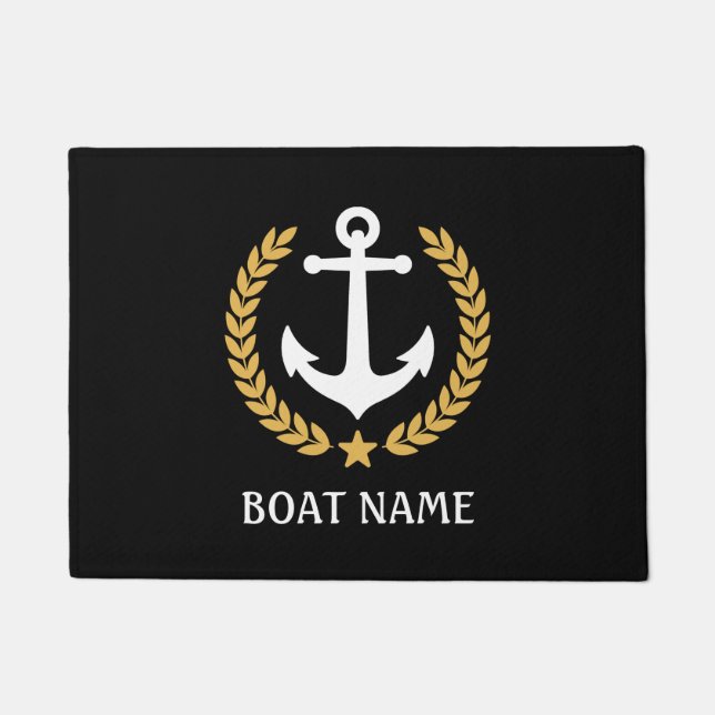 Nautical Thleat Name Anchor Gold Laurel Black Deurmat (Voorkant)