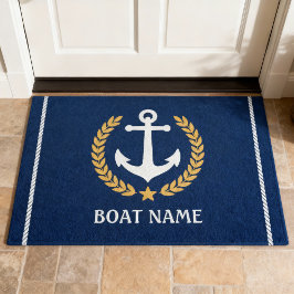 Nautical Thleat Name Anchor Gold Laurel Navy Deurmat
