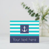 Nautical Turquoise Navy Blue Striped Anchor Custom Briefkaart (Staand voorkant)