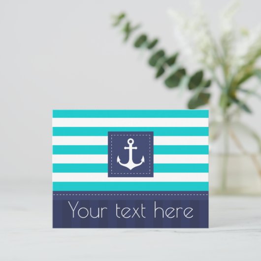 Nautical Turquoise Navy Blue Striped Anchor Custom Briefkaart (Staand voorkant)