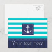 Nautical Turquoise Navy Blue Striped Anchor Custom Briefkaart (Voorkant / Achterkant)