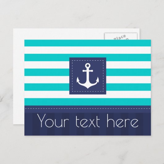 Nautical Turquoise Navy Blue Striped Anchor Custom Briefkaart (Voorkant / Achterkant)