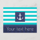 Nautical Turquoise Navy Blue Striped Anchor Custom Briefkaart (Voorkant)