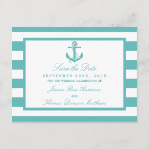Nautical Turquoise Stripe Anchor Save the Date Aankondigingskaart