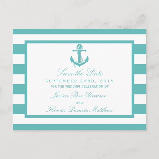 Nautical Turquoise Stripe Anchor Save the Date Aankondigingskaart (Voorkant)