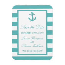 Nautical Turquoise Stripe Anchor Save the Date Magneet