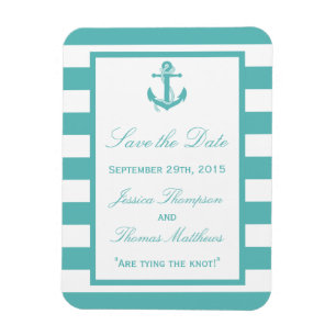 Nautical Turquoise Stripe Anchor Save the Date Magneet