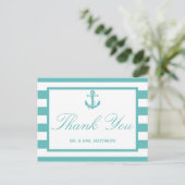 Nautical Turquoise Stripe Anchor Wedding Briefkaart (Staand voorkant)