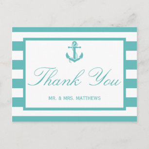 Nautical Turquoise Stripe Anchor Wedding Briefkaart