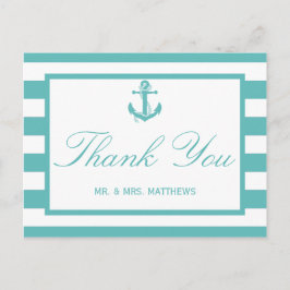 Nautical Turquoise Stripe Anchor Wedding Briefkaart