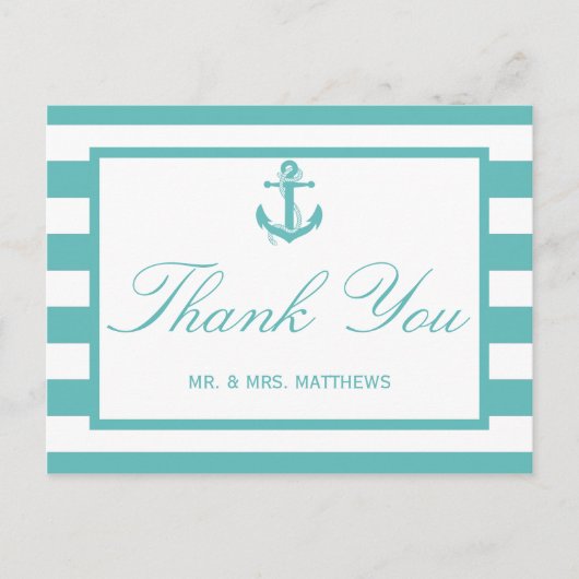 Nautical Turquoise Stripe Anchor Wedding Briefkaart (Voorkant)