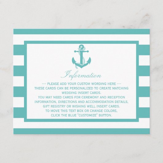 Nautical Turquoise Stripe Anchor Wedding Detail Informatiekaartje (Voorkant)
