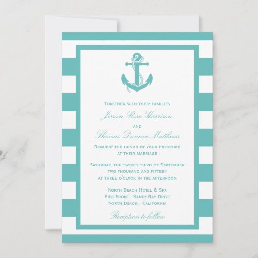 Nautical Turquoise Stripe Anchor Wedding Kaart (Voorkant)