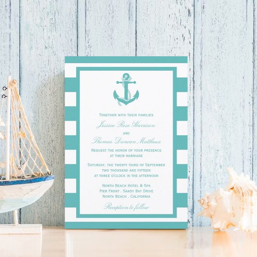 Nautical Turquoise Stripe Anchor Wedding Kaart