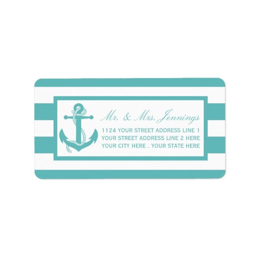 Nautical Turquoise Stripe Anchor Wedding Labels (Voorkant)