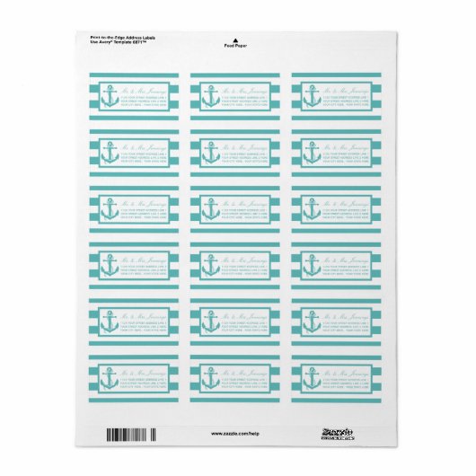Nautical Turquoise Stripe Anchor Wedding Labels (Full Sheet)