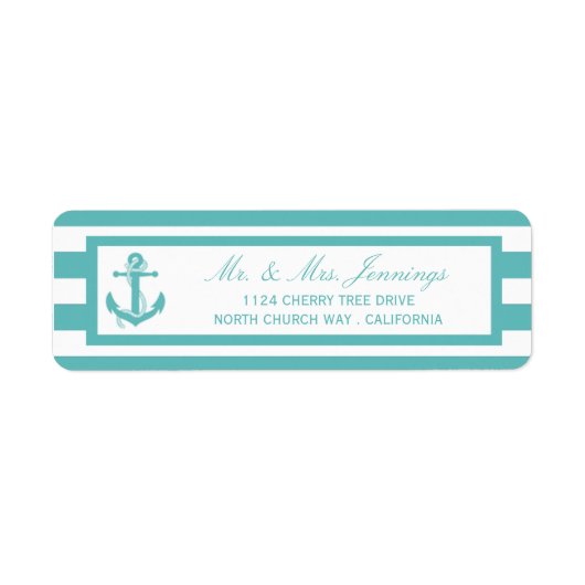 Nautical Turquoise Stripe Anchor Wedding Labels (Voorkant)