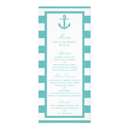 Nautical Turquoise Stripe Anchor Wedding Menu (Voorkant)